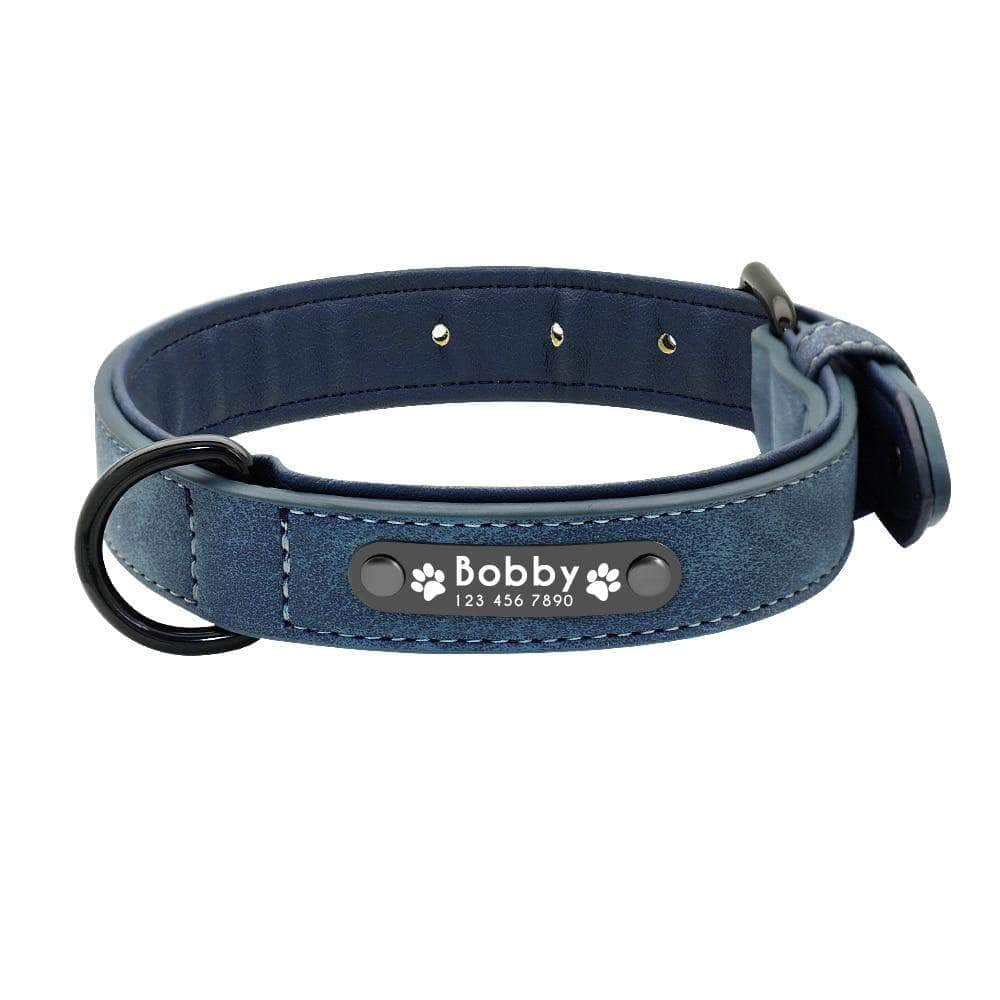 La Michy Tienda Azul / S Collar de Cuero con Placa Personalizable